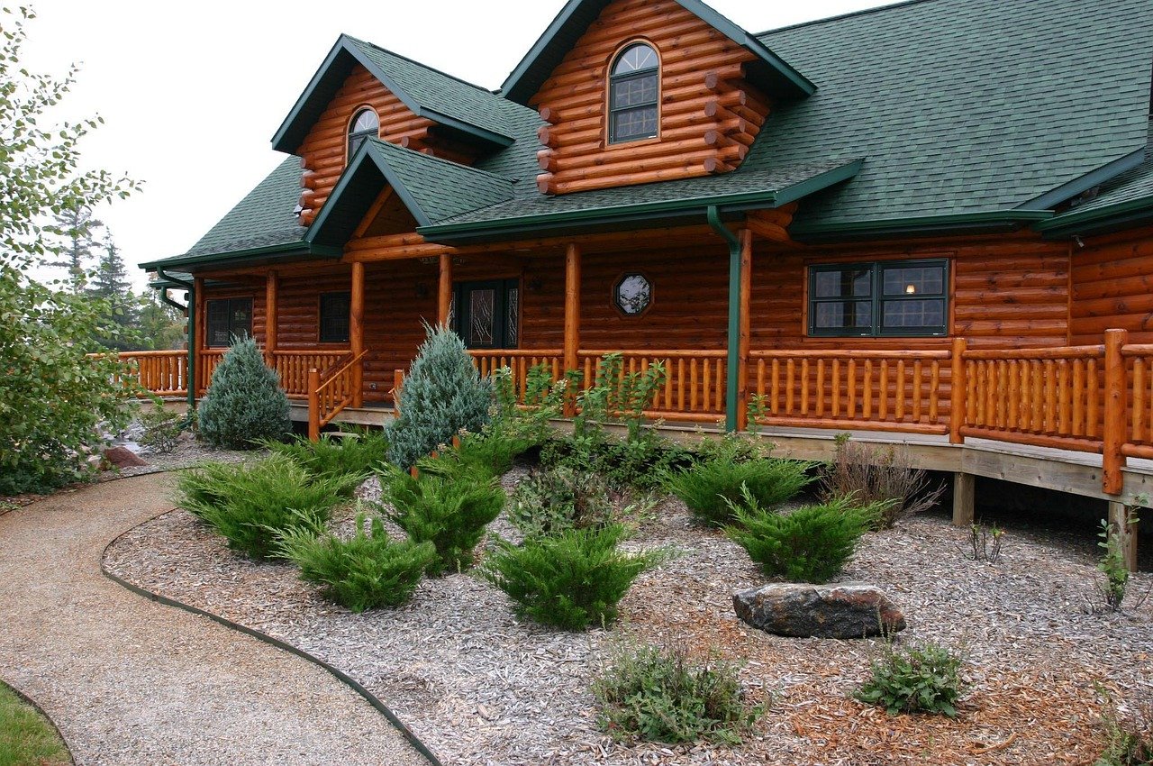 log home, house, cabin, log cabin, landscaping, home, log, building, country, cottage, wooden, tree, estate, structure, nature, window, residential, timber, construction, residence, property, exterior, comfort